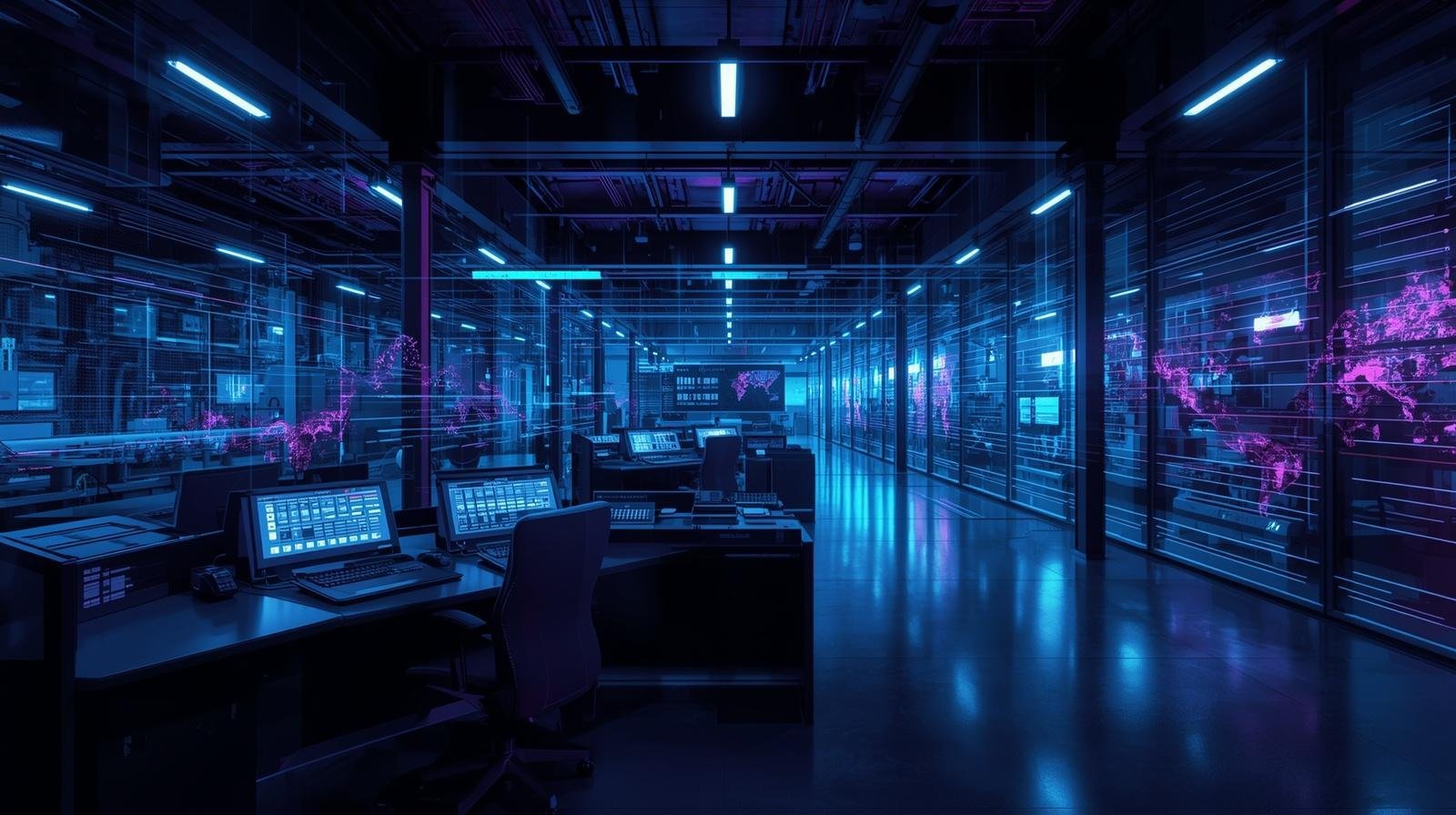 Create a modern industrial visual that represents how modern SCADA architectures provide clarity.. Use the same aesthetic as the reference images_ deep blue and purple tones, transparent digital layers, and d